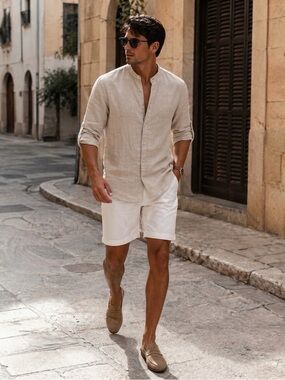 Zara Man Linen Blend Band Collar Shirt